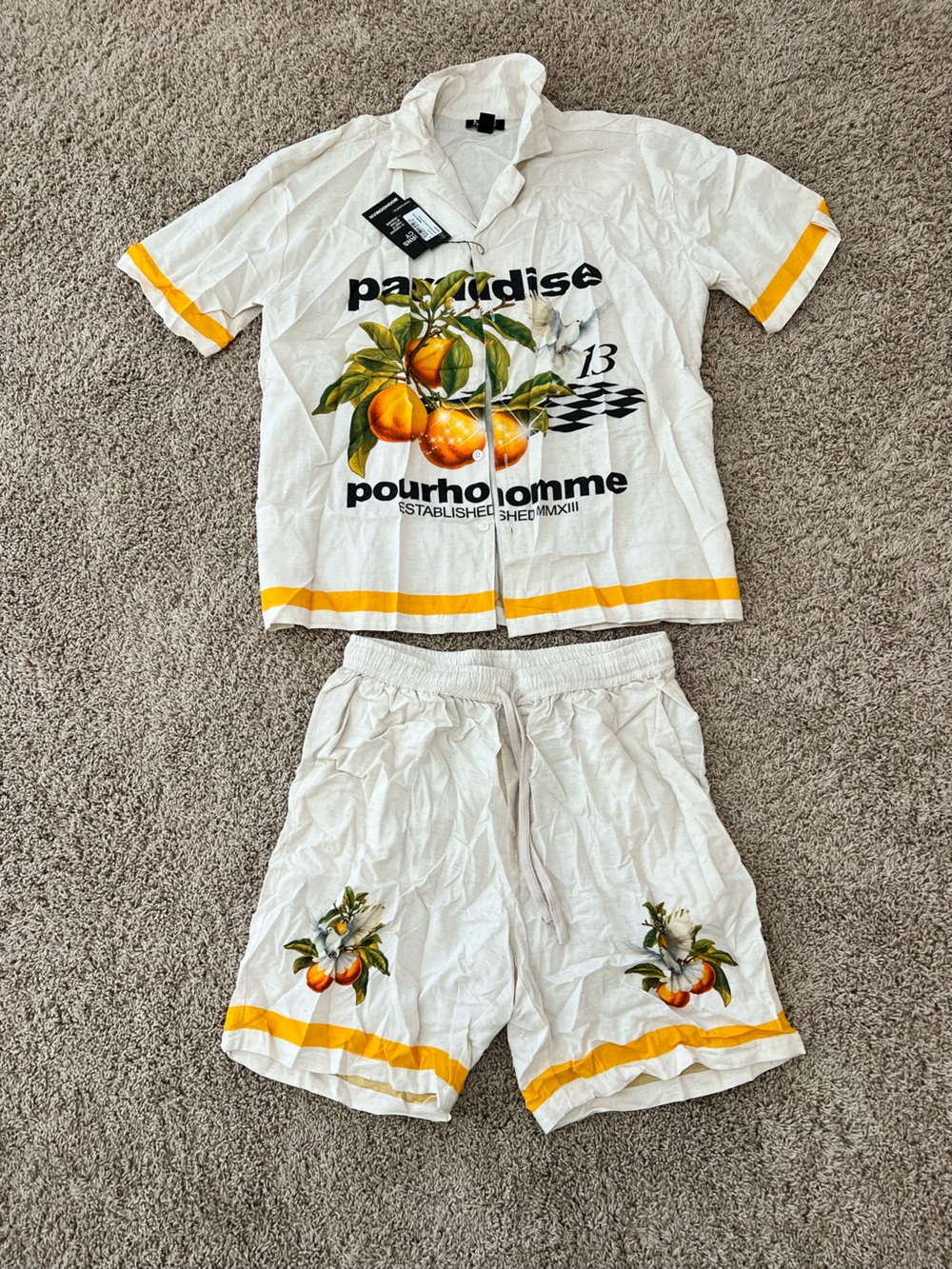 Men’s Vacation Cream Matching Set (Button-up & Shorts)